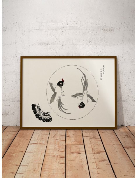 Japanese vintage original woodblock print of birds (Yatsuo no tsubaki) - Taguchi Tomoki Poster