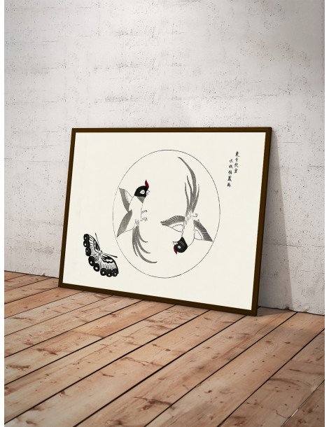 Japanese vintage original woodblock print of birds (Yatsuo no tsubaki) - Taguchi Tomoki Poster