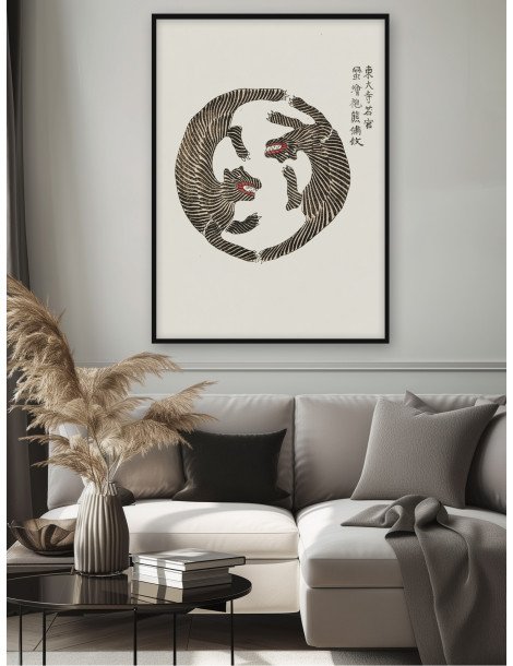 Japanese vintage original tigers woodblock print (Yatsuo no tsubaki) - Taguchi Tomoki
