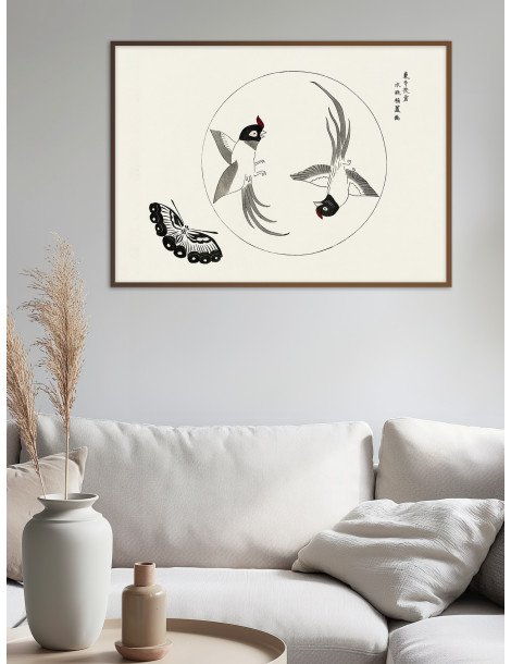 Japanese vintage original woodblock print of birds (Yatsuo no tsubaki) - Taguchi Tomoki Poster